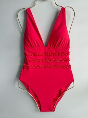 Mimi Flamingo Women's Red Punch Sonny Ruffled One-Piece Swimsuit Size 4